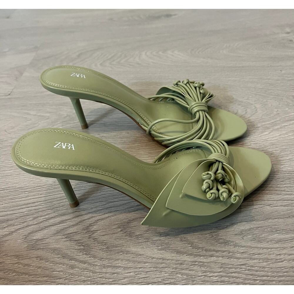 Zara Sage Green Rosette Mule Heels Strappy Sandals NWT - Picture 15 of 16
